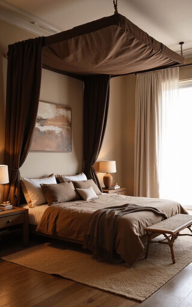 12. Chocolate Linen Canopy Brown Bedroom Ideas