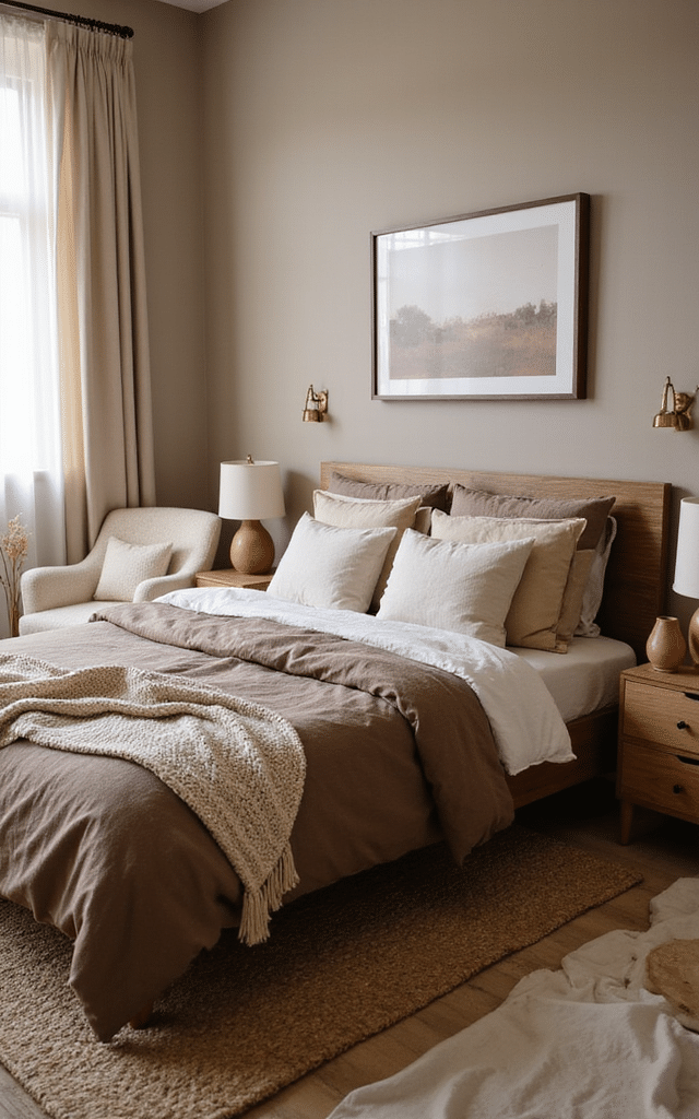 3. Mocha and Cream Layered Linen Brown Bedroom Ideas