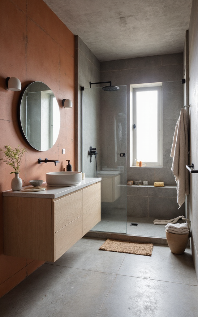 12. Terracotta and Concrete Grey Bathroom Tiles Ideas