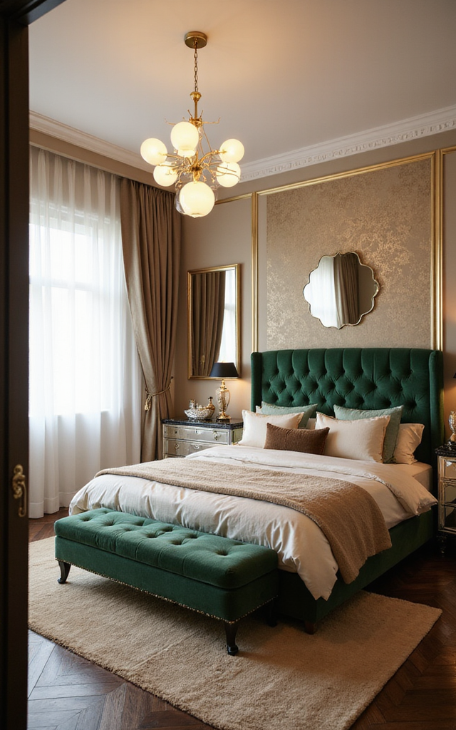 4. Retro Glam Bedroom Ideas: Statement Pendant and Chandelier Lighting