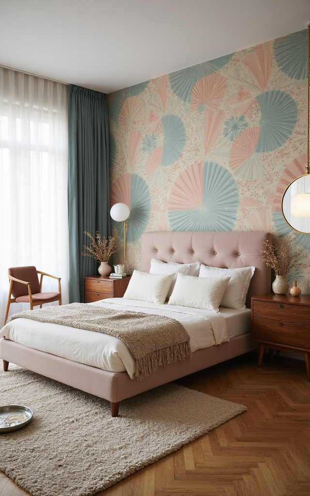 8. Retro Glam Bedroom Ideas: Patterned Wallpaper With a Retro Twist