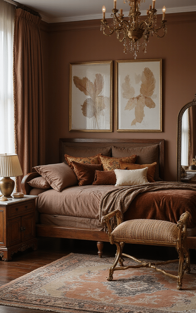 10. Brown and Gold Maximalist Brown Bedroom Ideas