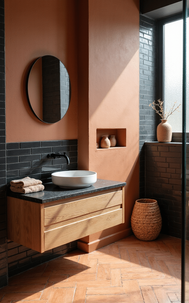 17. Terracotta and Midnight Black Bathroom Tiles Ideas