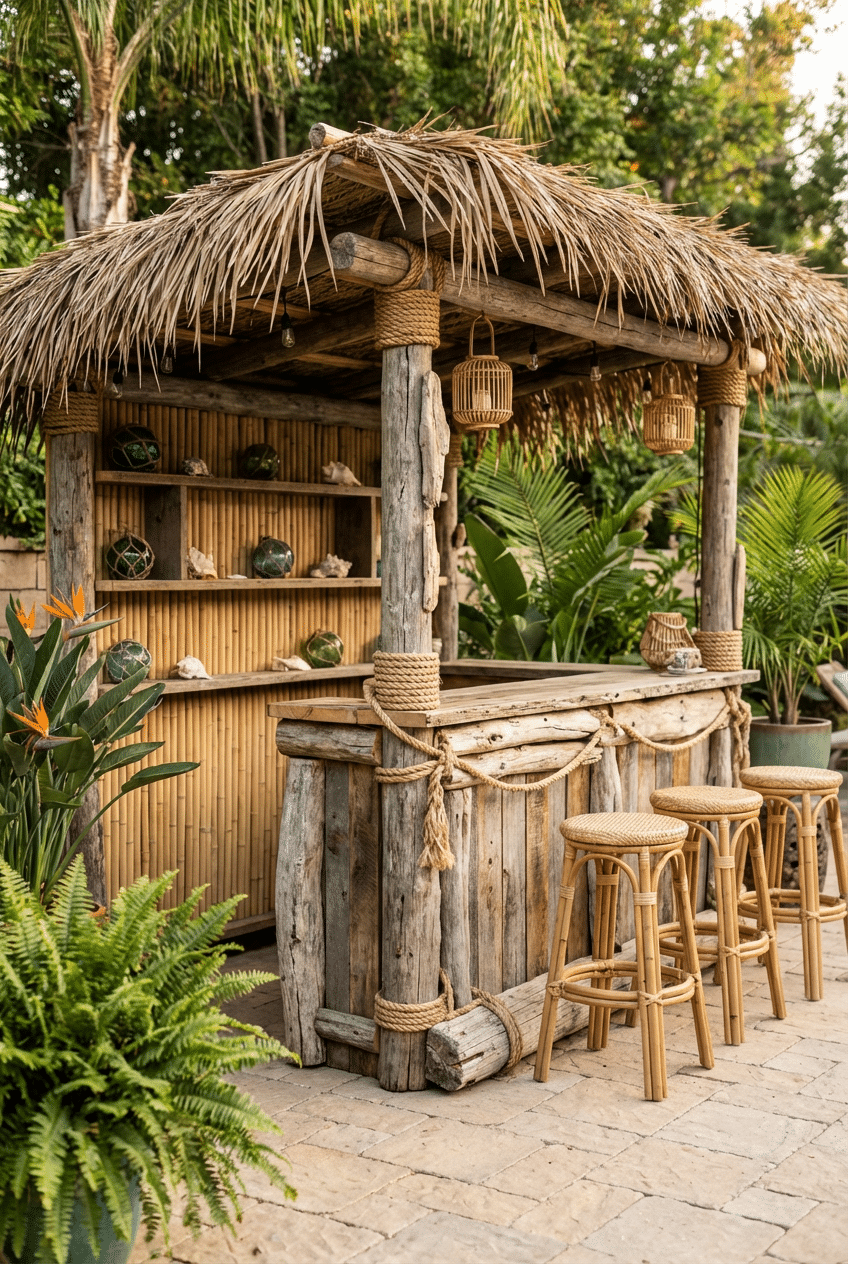 4. Rope and Driftwood DIY Tiki Bar Idea