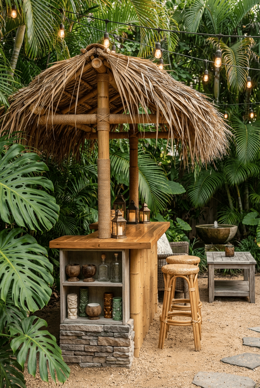 7. Tropical Garden DIY Tiki Bar Idea