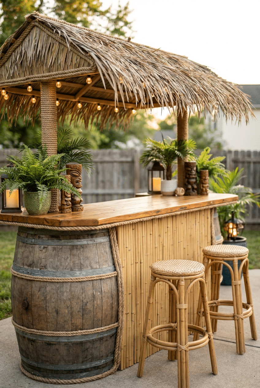 3. Repurposed Barrel DIY Tiki Bar Idea