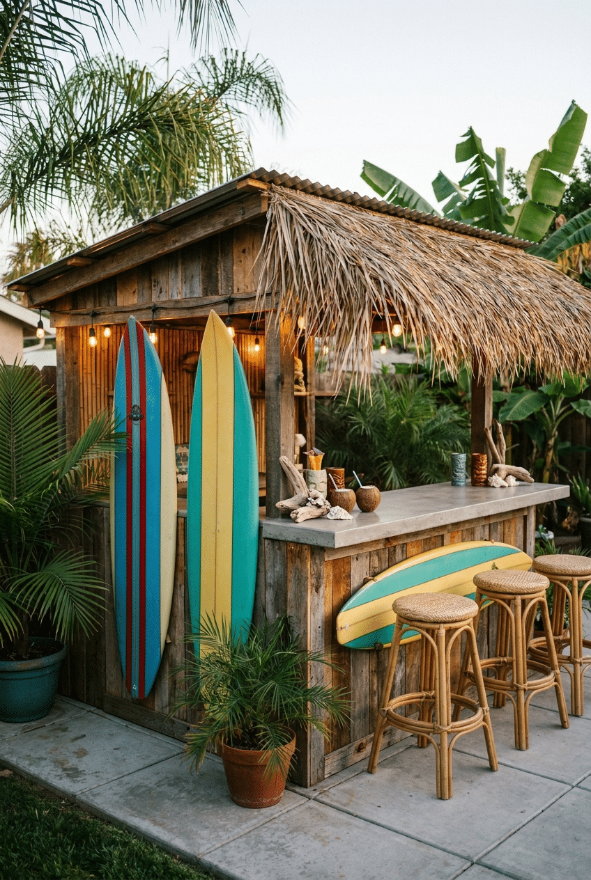 11. Surfboard Themed DIY Tiki Bar Idea