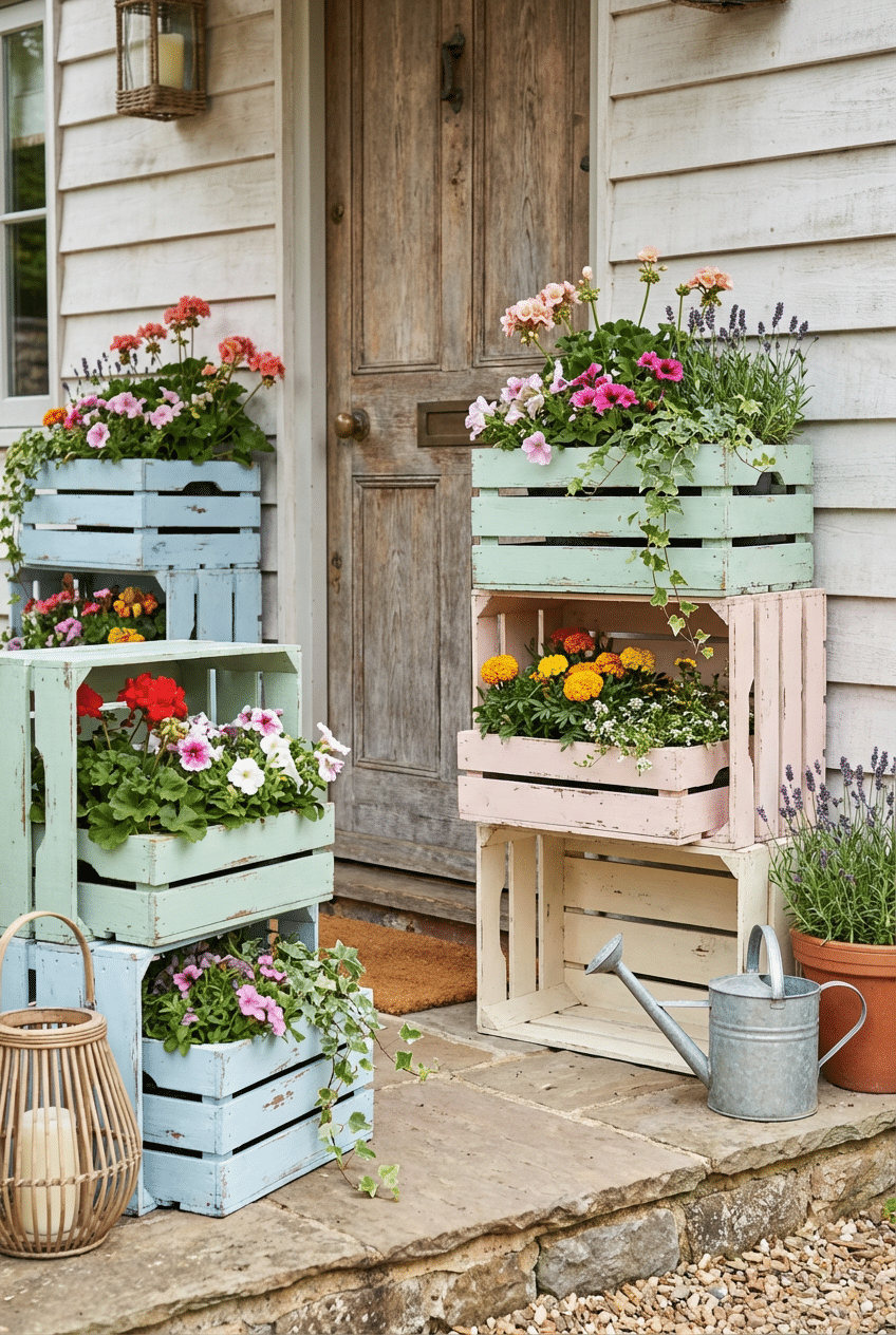 2. Painted Wooden Crates as Front Door Planters for a Cottage Look