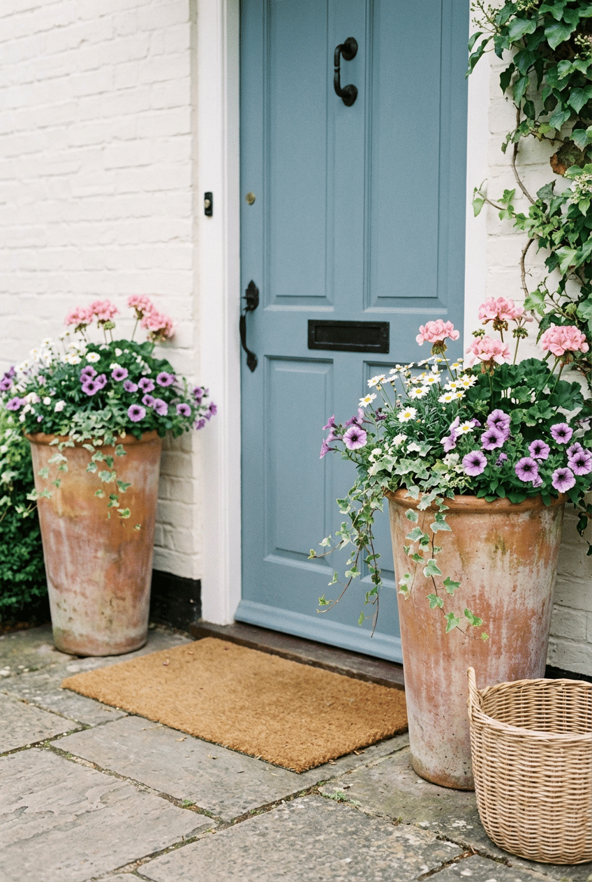 5. Matching Pair Front Door Planters for a Cottage Look That Commands Attention
