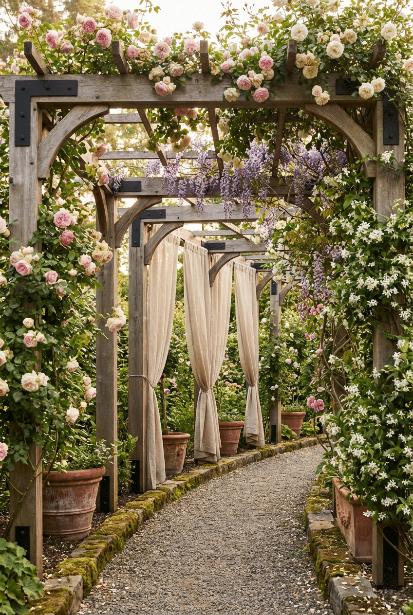 12. Cascading Pergola-Style Flower Garden Trellis