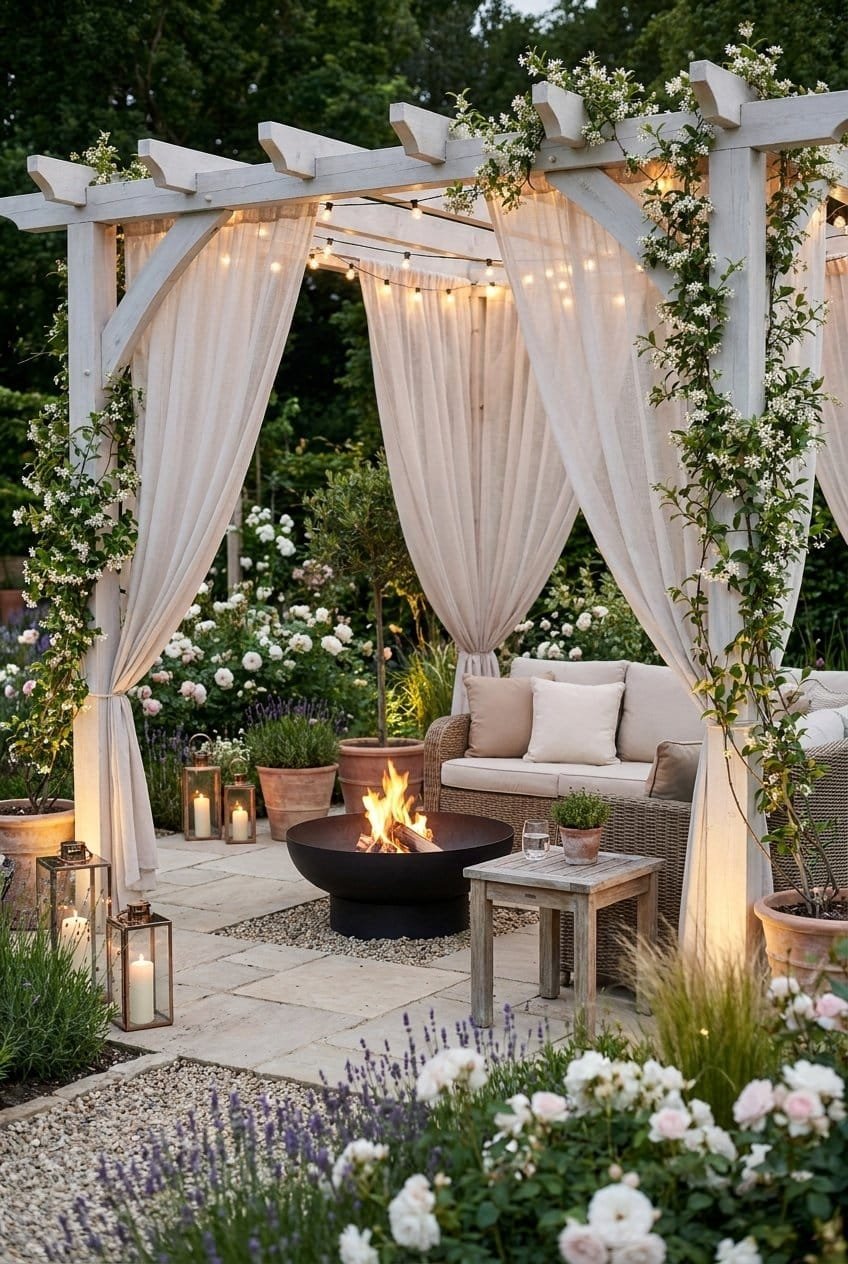 7. The Romantic Garden Fire Pit Pergola Design
