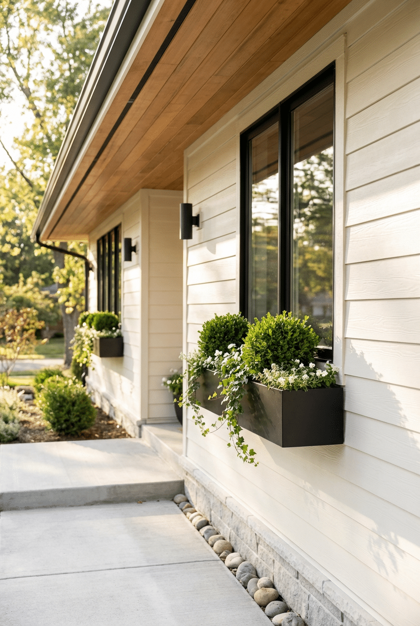 2. Bold Black Window Boxes for a Modern Ranch Look