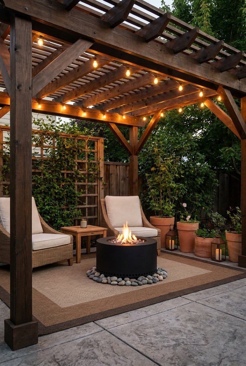 4. The Cosy String Light Fire Pit Pergola Design