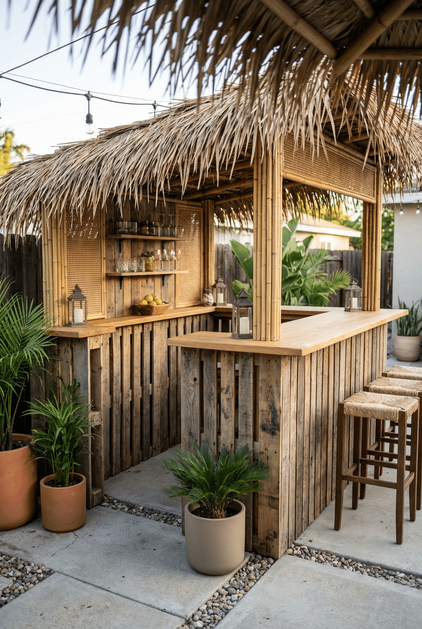 2. Pallet Wood DIY Tiki Bar Idea