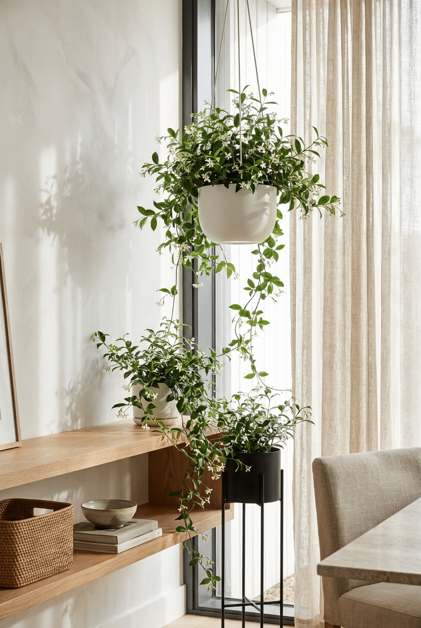 5. Star Jasmine (Trachelospermum jasminoides) — Best Jasmine Plant to Grow Indoors for Trailing Beauty