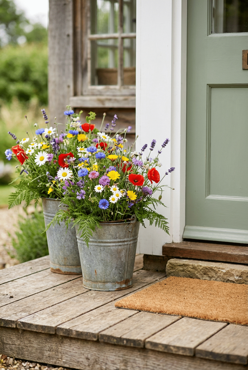 7. Galvanised Metal Buckets Filled With Wildflower-Style Blooms