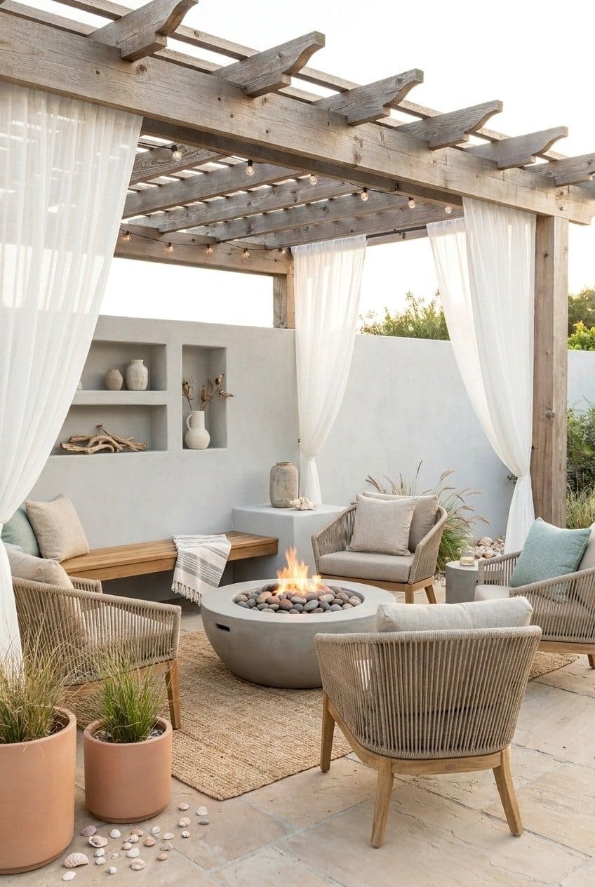 9. The Coastal Retreat Fire Pit Pergola Design