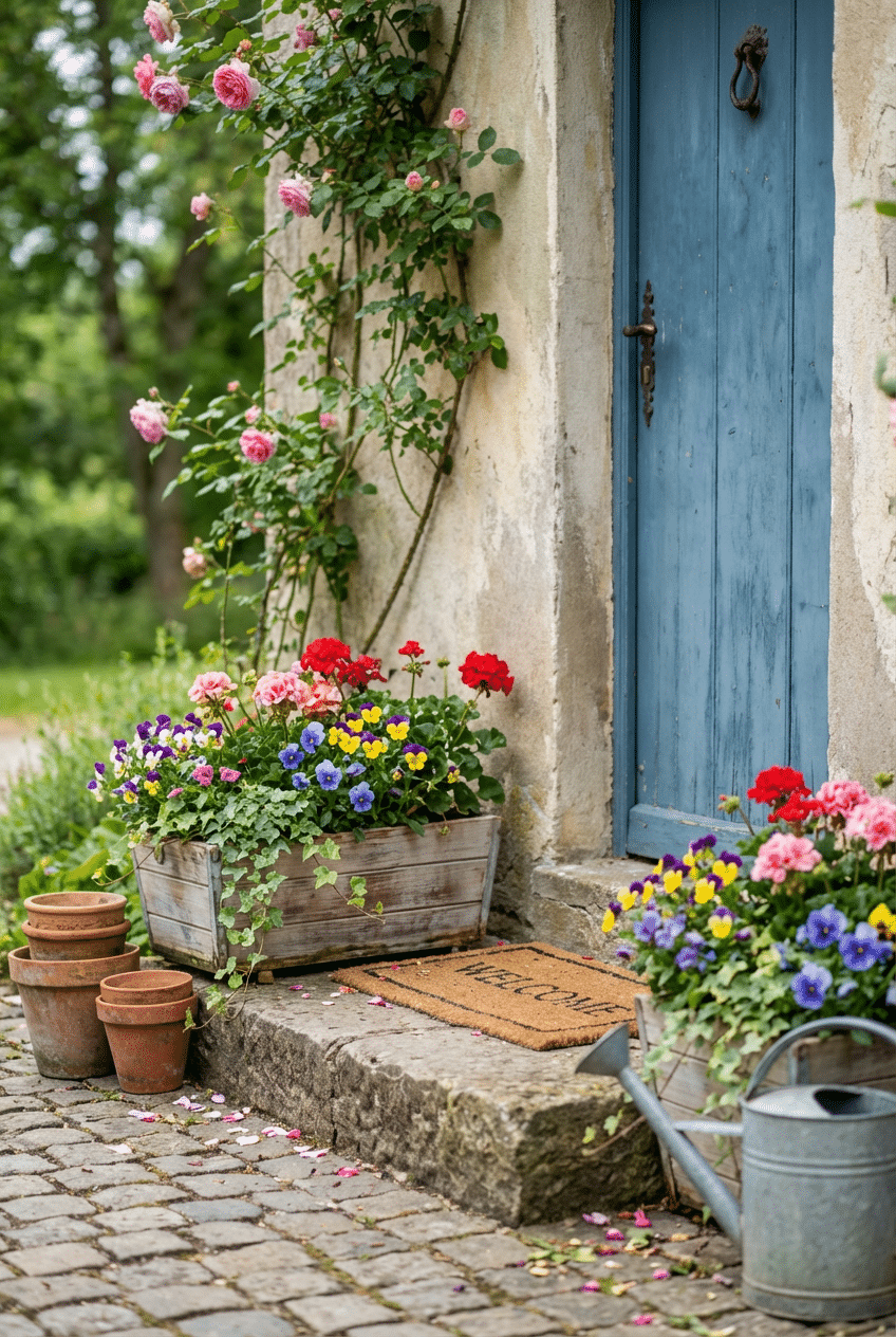 9. Window Box Style Front Door Planters for a Cottage Look on a Step