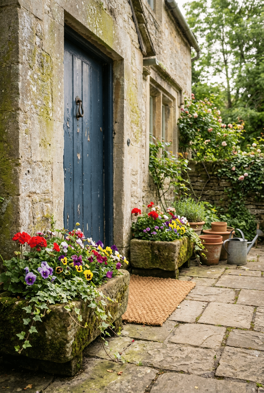 6. Stone Trough Planters Bursting With Old-World Charm