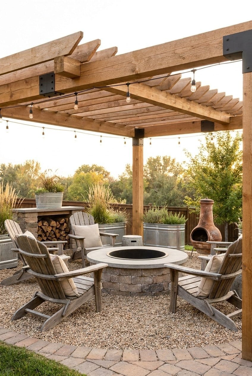 10. The Farmhouse Style Fire Pit Pergola Design