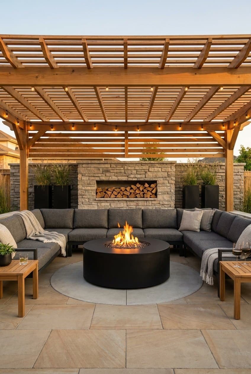 12. The Grand Entertainment Fire Pit Pergola Design