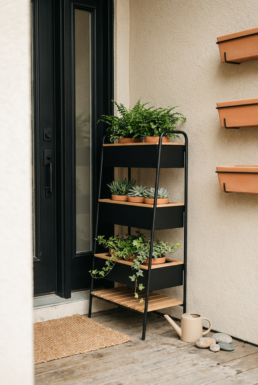 1. Stack Vertically With Tiered Planters for a Small Porch