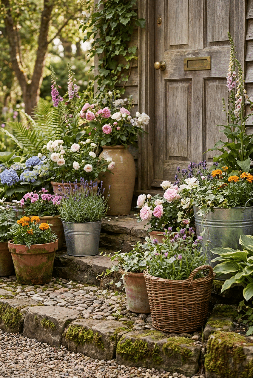 10. Layered Mixed-Height Planters for a Lush, Overgrown Cottage Effect