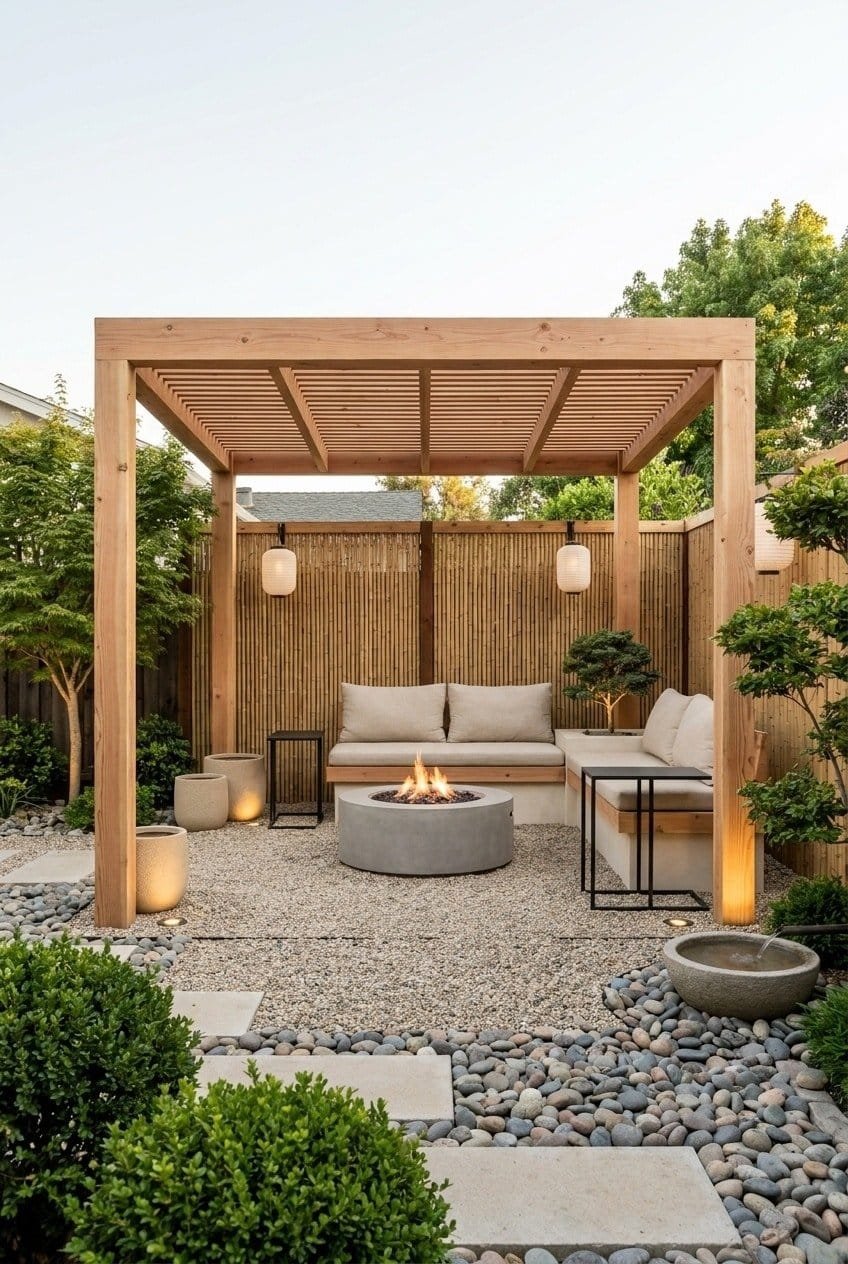 11. The Zen Garden Fire Pit Pergola Design
