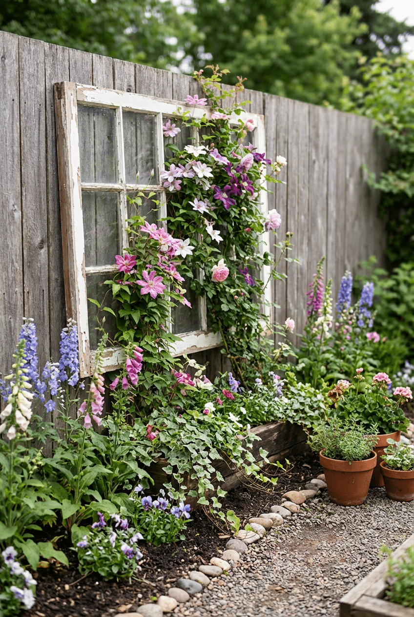 8. Repurposed Window Frame Flower Garden Trellis