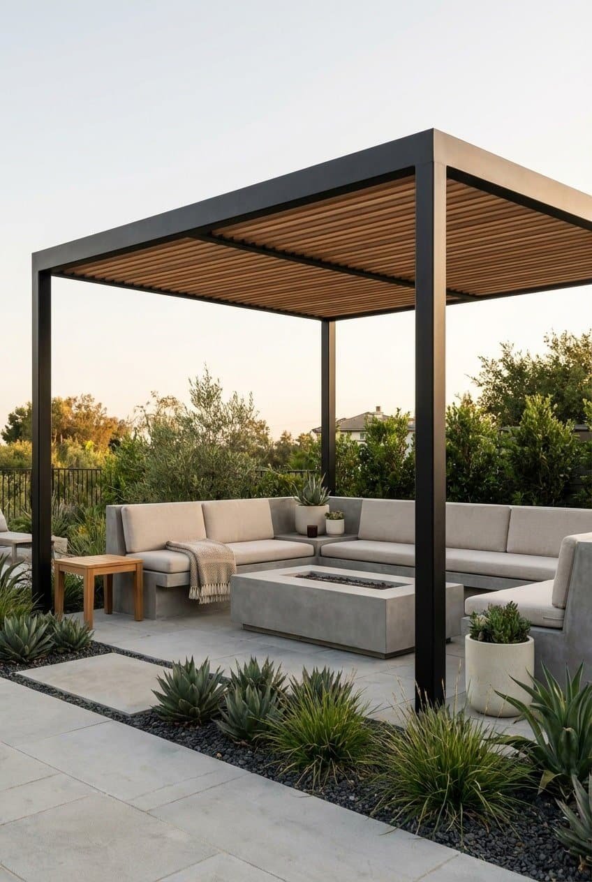 2. The Modern Minimalist Fire Pit Pergola Design