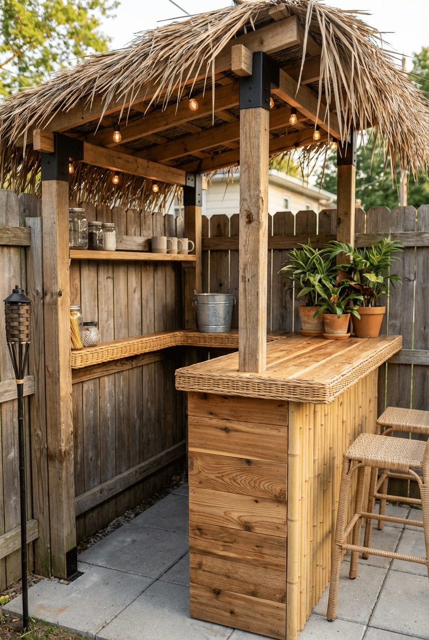 6. Corner Fence DIY Tiki Bar Idea