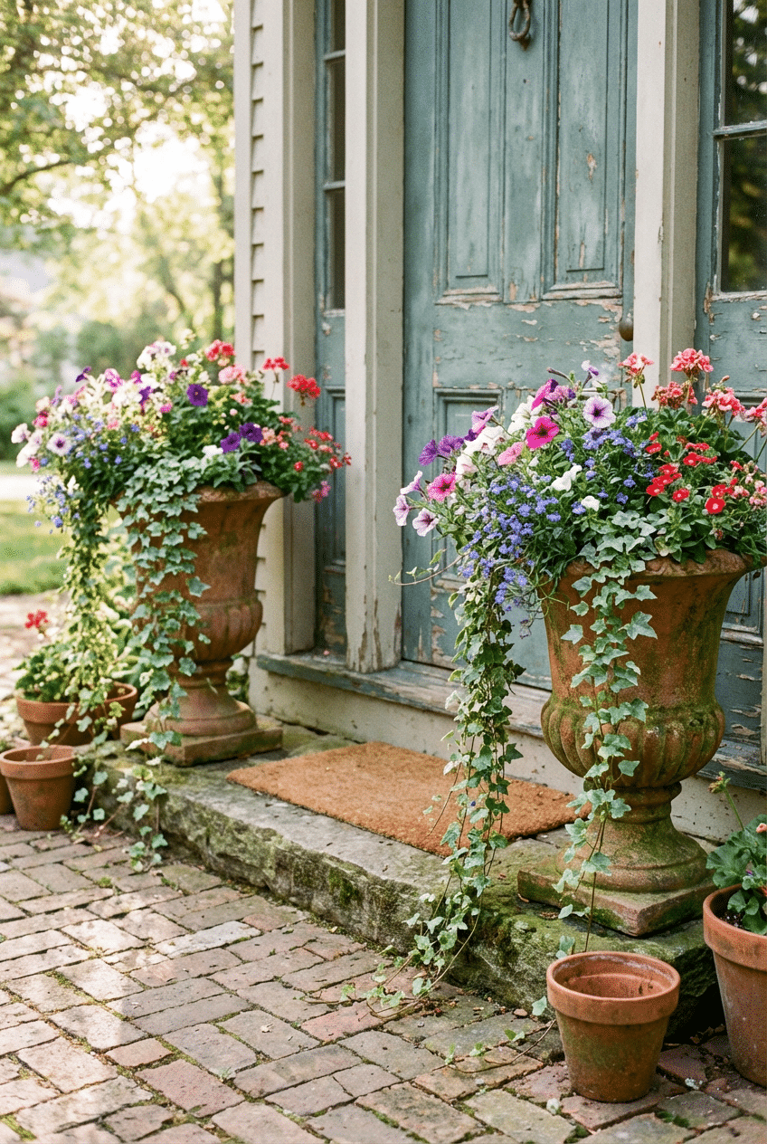3. Vintage Urn Planters Dripping With Trailing Colour