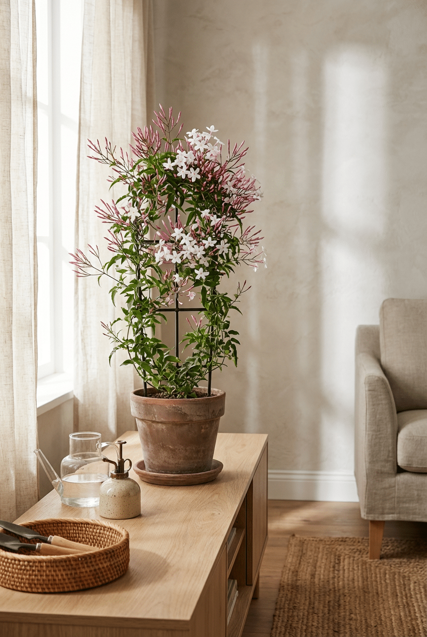 3. Pink Jasmine (Jasminum polyanthum) — Best Jasmine Plant to Grow Indoors for Bold Blooms