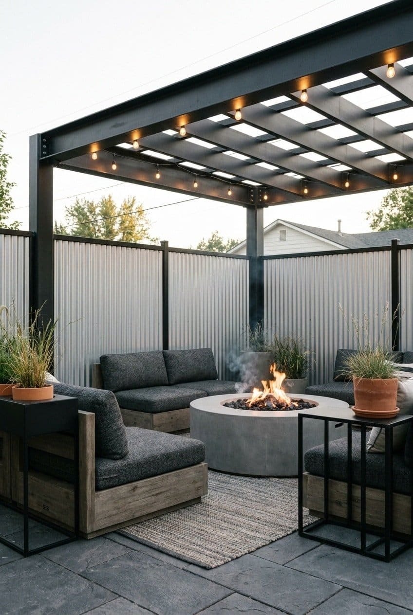 8. The Industrial Chic Fire Pit Pergola Design