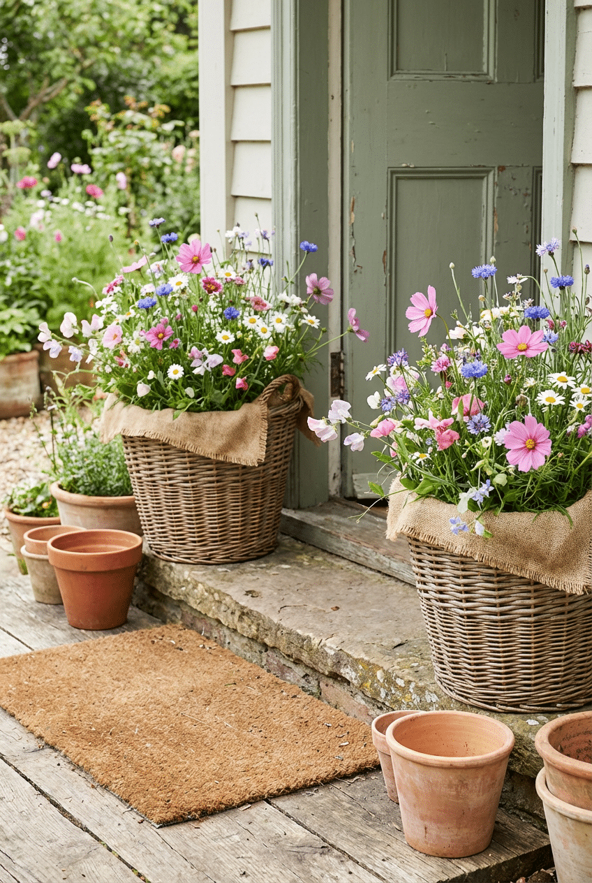 4. Wicker Basket Planters for a Soft, Wild Cottage Feel