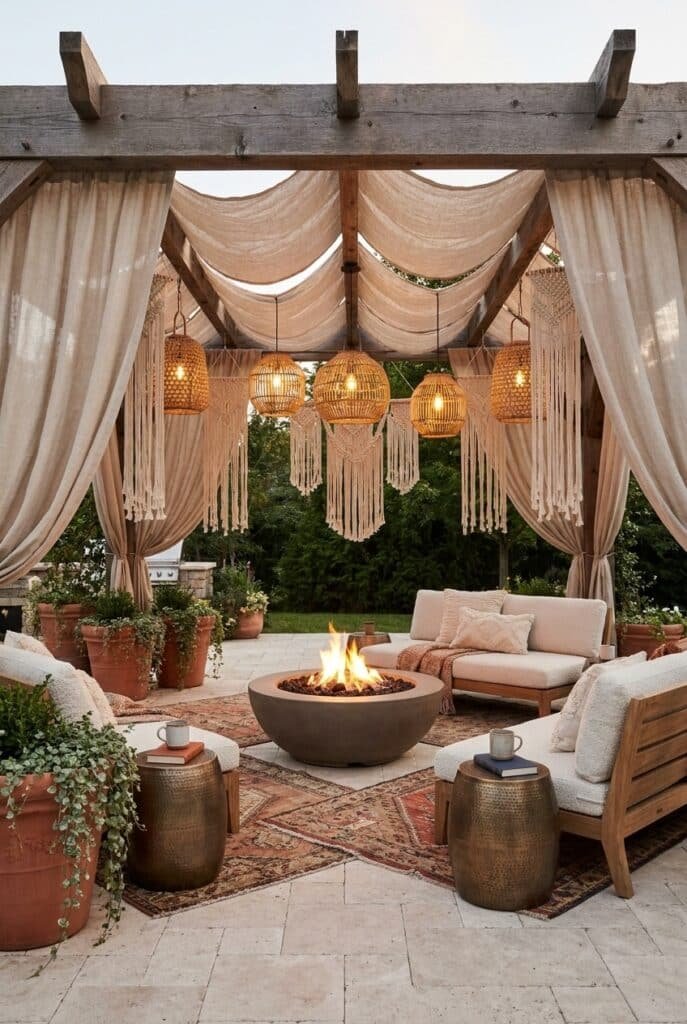 3. The Bohemian Canopy Fire Pit Pergola Design