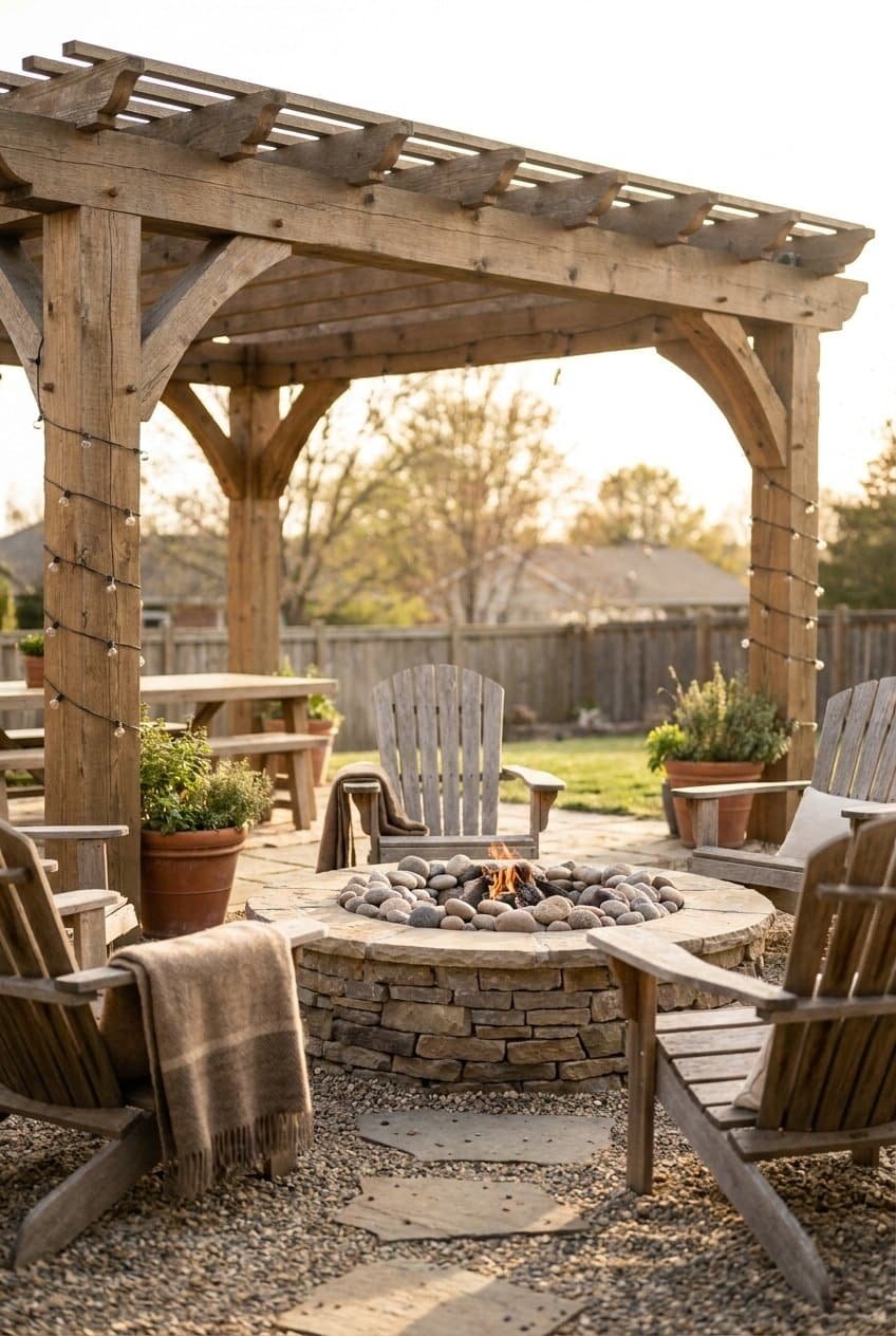 1. The Classic Rustic Fire Pit Pergola Design