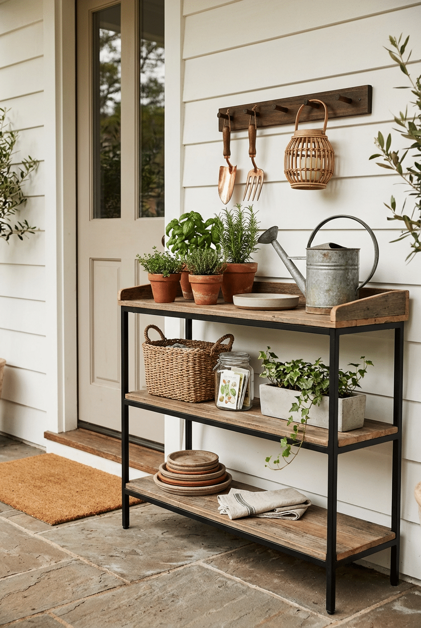 6. Layer a Potting Bench as a Display Station for a Small Porch