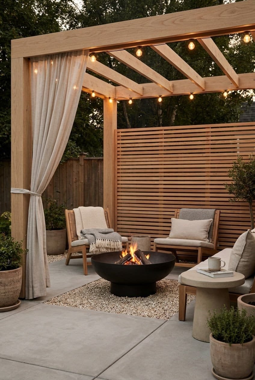 6. The Scandinavian Hygge Fire Pit Pergola Design