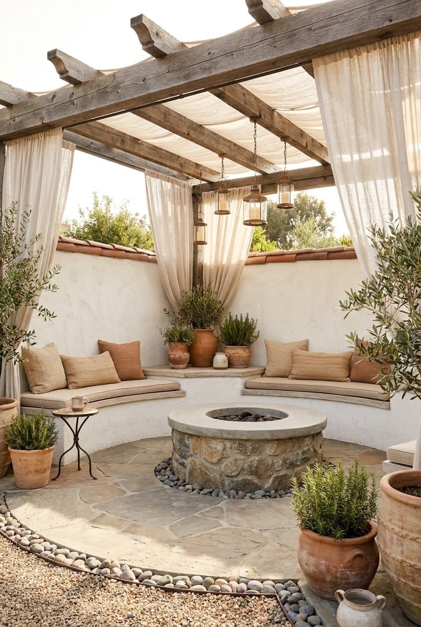 5. The Mediterranean-Inspired Fire Pit Pergola Design