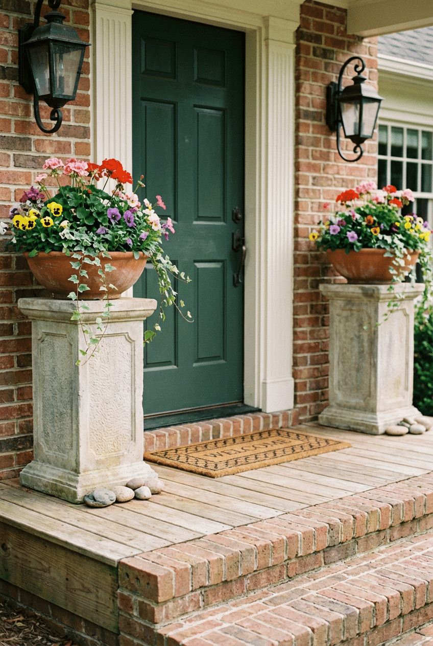 8. Tall Pedestal Planters for a Grand Cottage Entrance