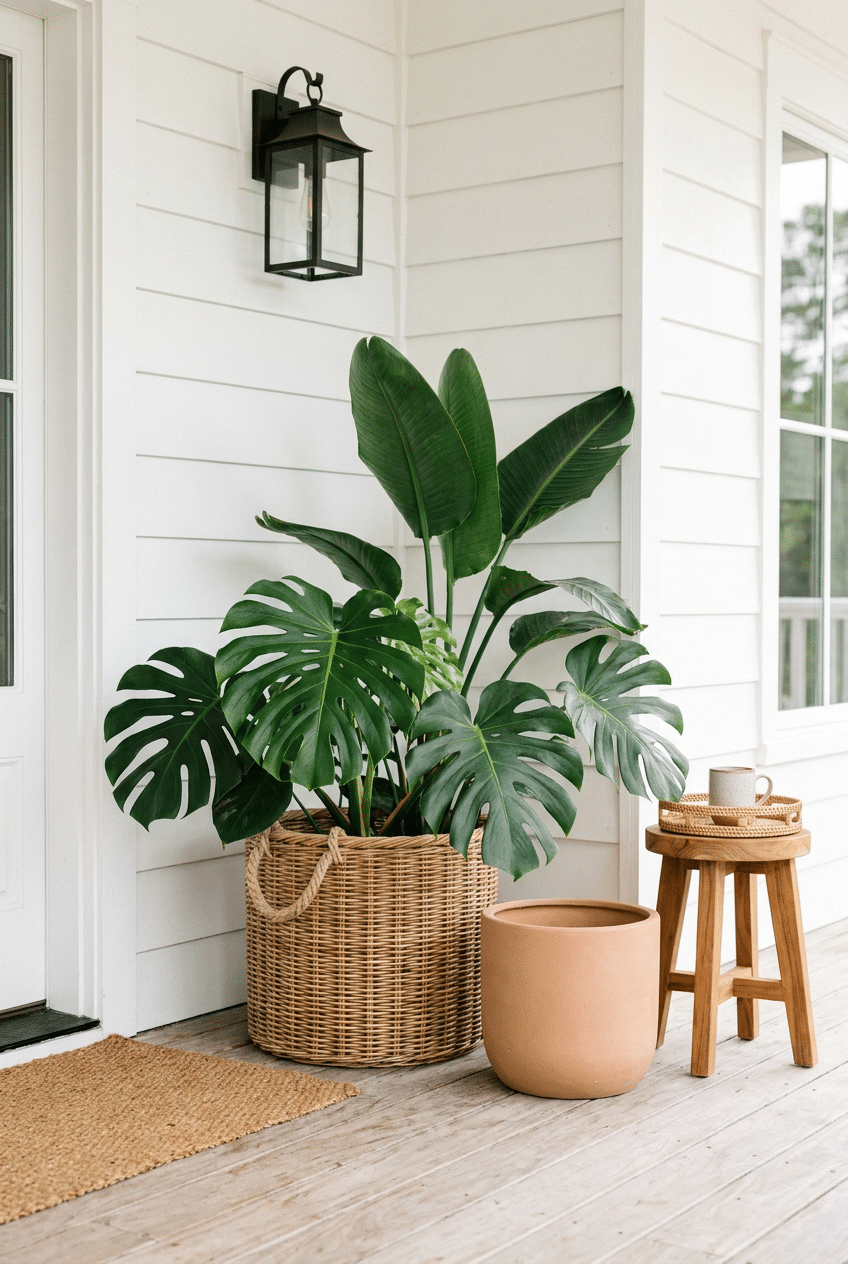 4. Bold Tropical Leaves in a Wicker Basket Planter