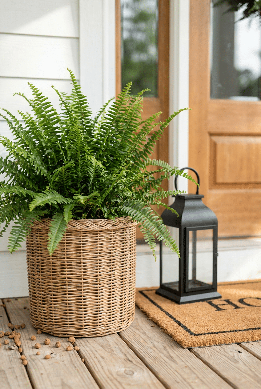 1. Classic Overflowing Ferns in a Wicker Basket Planter