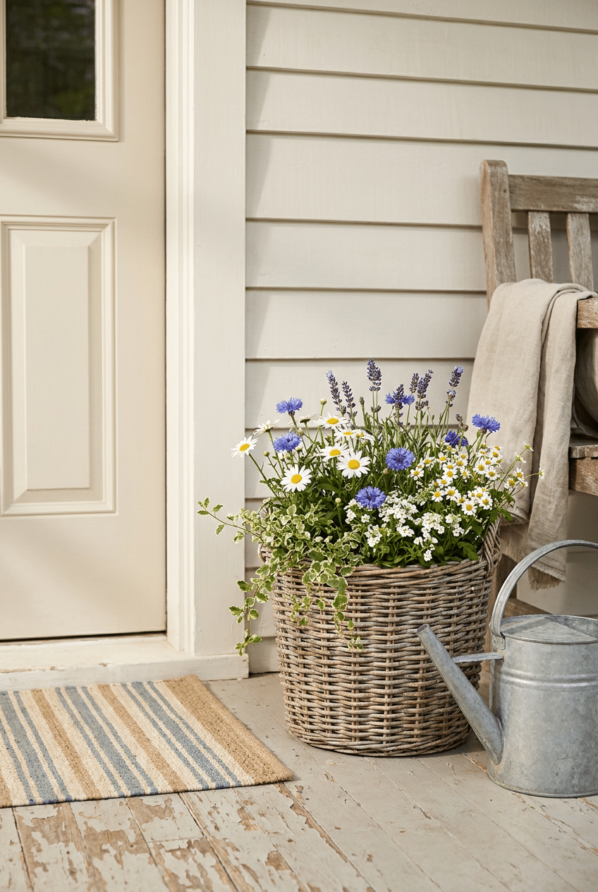 9. Cottage-Style Wildflower Wicker Basket Planter