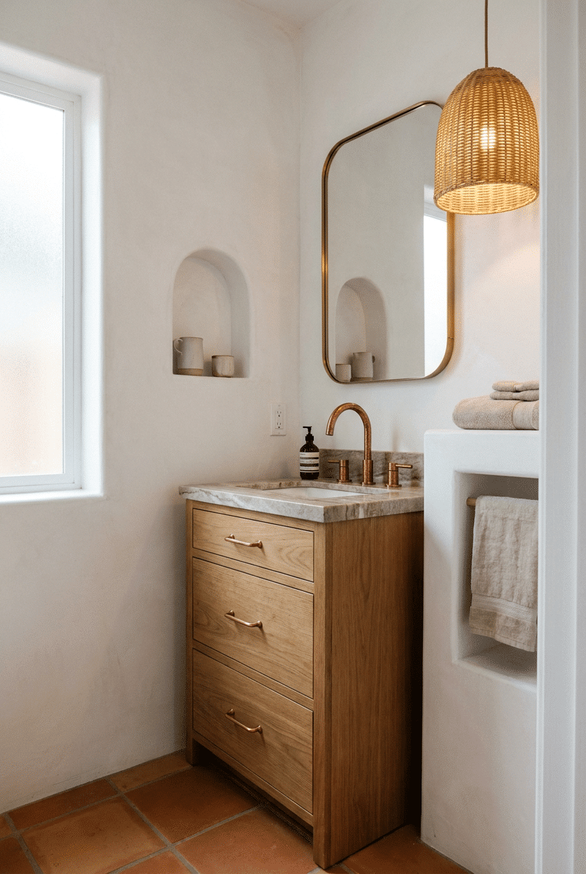 5. Wooden Vanities with Hammered Copper Fixtures
