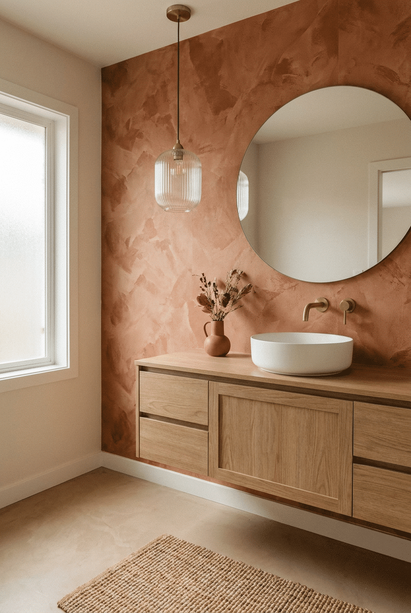 13. Earthy Terracotta Tones for a Wallpaper Accent Wall Bathroom
