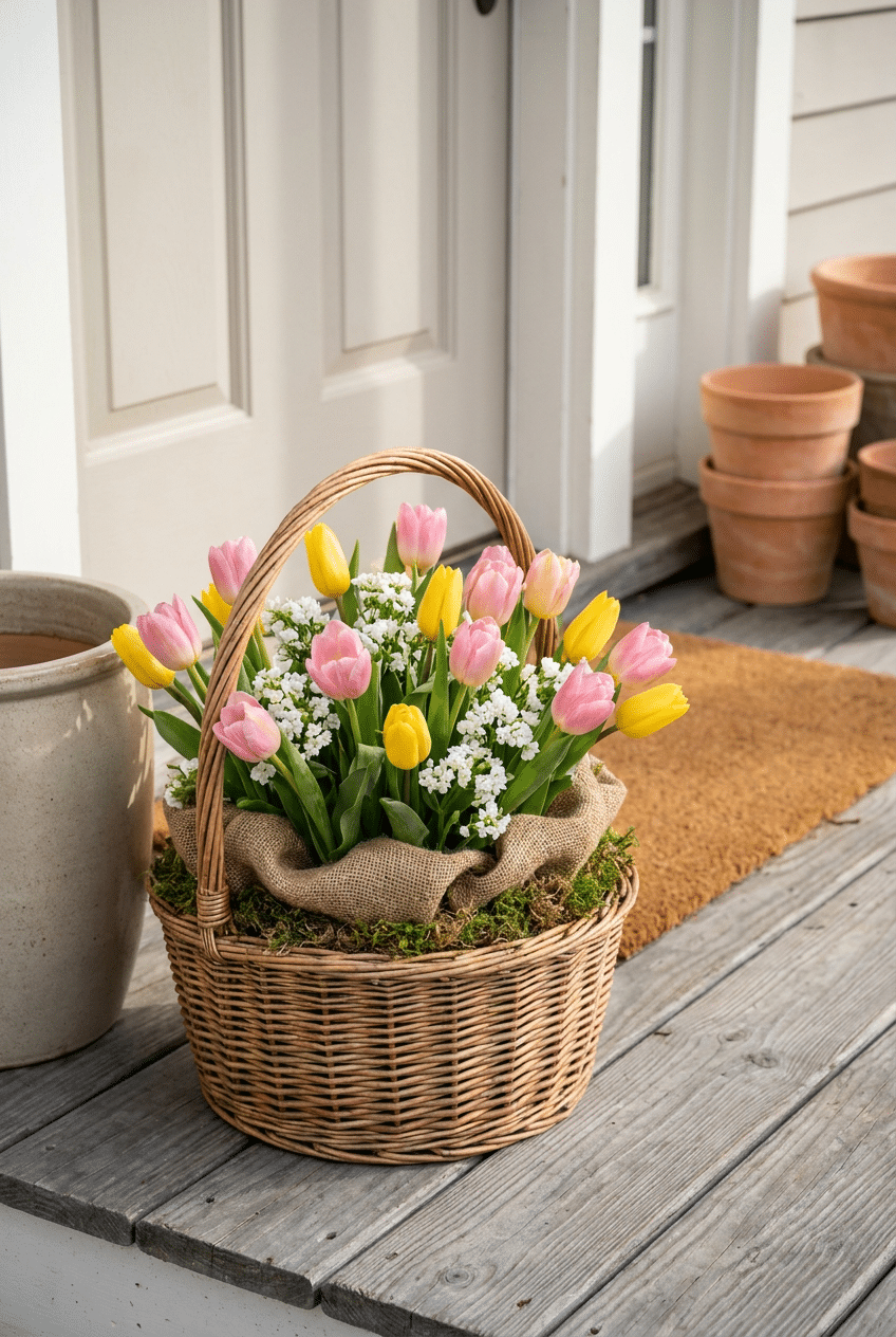 12. Sweet Spring Tulip Wicker Basket Planter