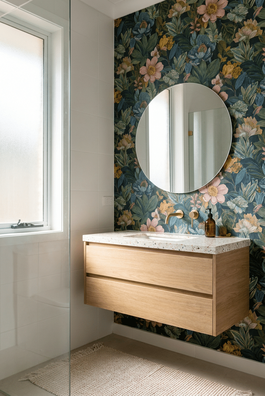 12. Bold Maximalist Floral for a Wallpaper Accent Wall Bathroom