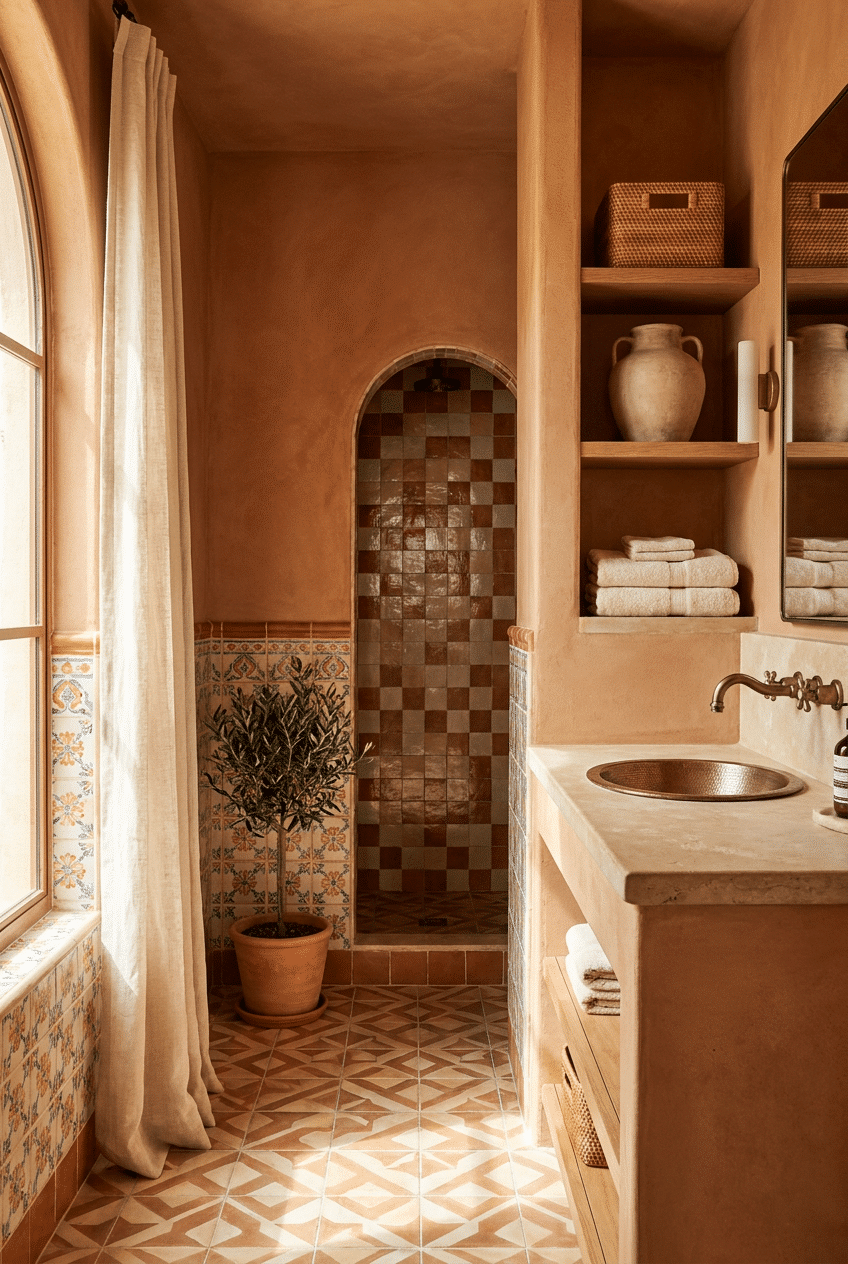 1. Sun-Drenched Terracotta Tones in Vibrant Sicilian Bathroom Designs