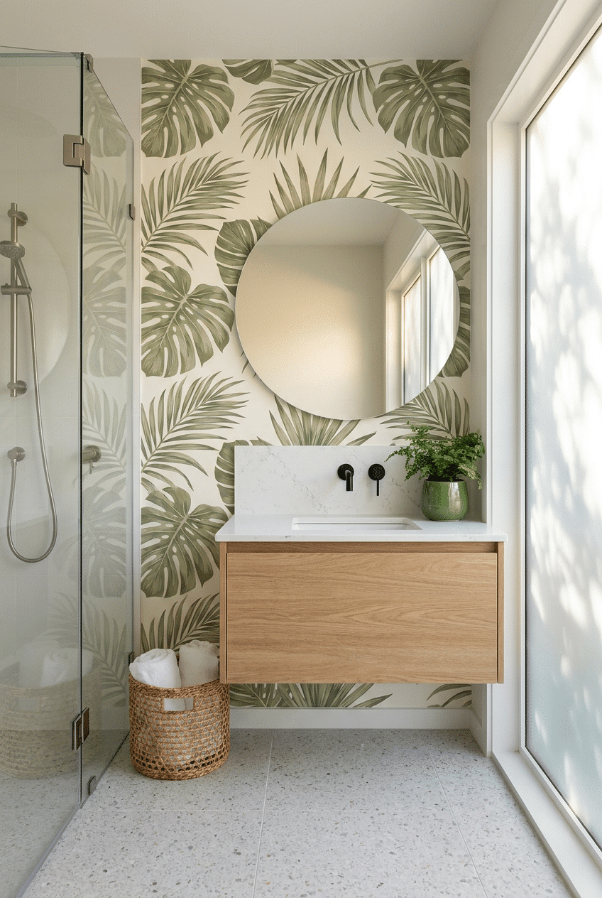 2. Tropical Leaf Prints for a Wallpaper Accent Wall Bathroom